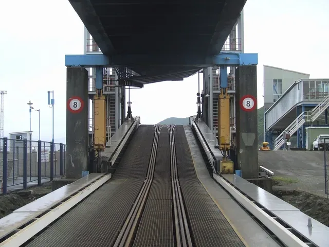 Looking down a steel loading ramp with three interlaced rail tracks set into it, passing beneath a blue overhead gantry structure, with a raised road-deck walkway and terminal buildings to the side