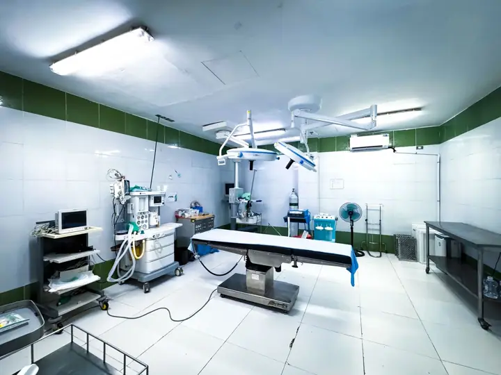 An empty, brightly lit operating theatre with an operating table, overhead surgical lights, an anaesthesia machine and monitors