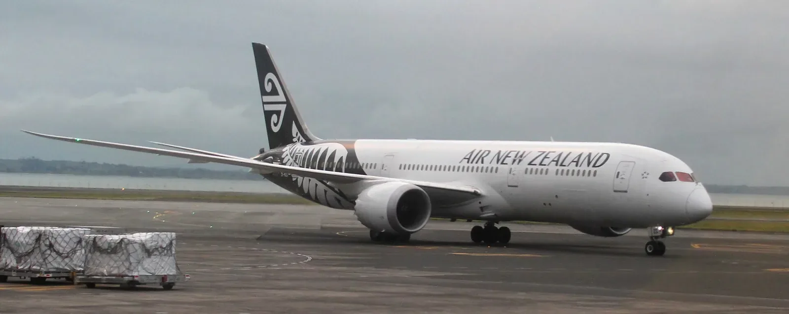 A white Air New Zealand Boeing 787-9 Dreamliner with a black tail fern design taxiing on an airport apron under grey skies
