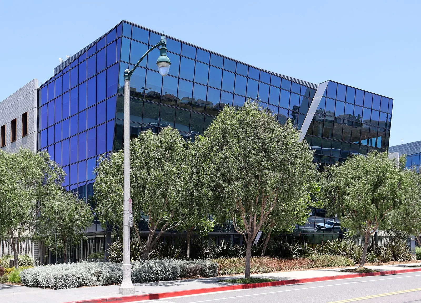 A modern office building with an angular blue glass front, behind a row of trees and a street lamp on a sunny day