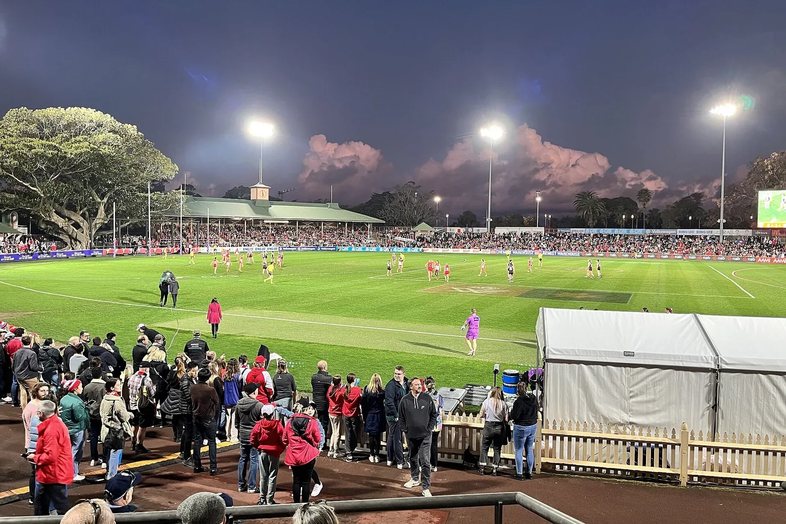 Night view of a floodlit oval with players on the field and spectators standing along the fence in the foreground, an old grandstand and large trees behind