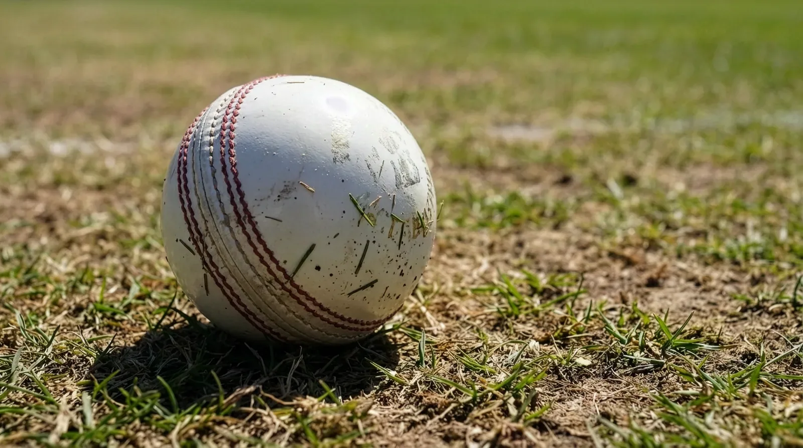 Close-up of a worn white cricket ball with red stitching lying on patchy grass
