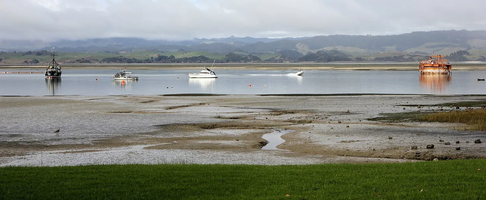 A wide view across Kāwhia Harbour at low tide, with mudflats and grass in the foreground, several boats moored on calm water and green hills under cloud in the distance.