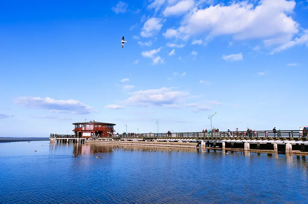 A wooden pier with a red-roofed building at its end stretches across calm blue water under a bright sky, with people walking along it and a gull overhead.