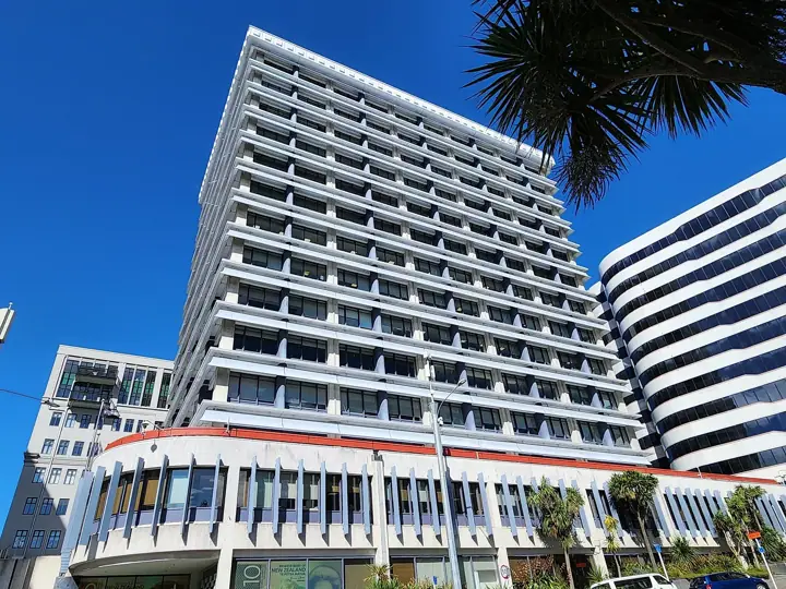 A tall white multi-storey office tower with horizontal bands of windows, set above a low curved podium, photographed from street level against a clear blue sky, with a palm frond in the top right corner
