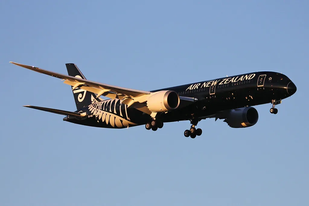 An Air New Zealand Boeing 787-9 Dreamliner in the airline's black livery with a silver fern design, landing gear down, against a clear blue sky